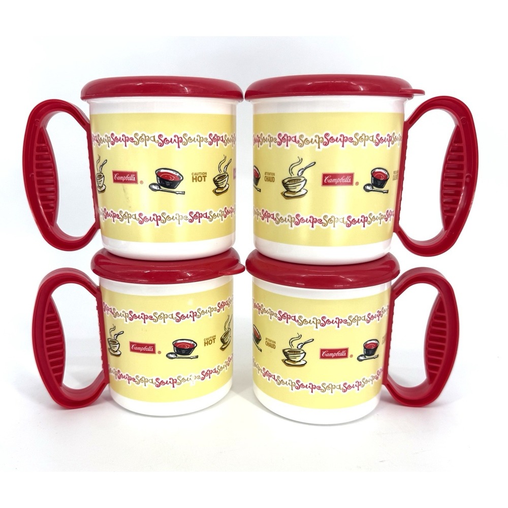 Campbell's Vintage Plastic Soup Cup Mugs With Lids Set of 4 Microwaveable 12 oz